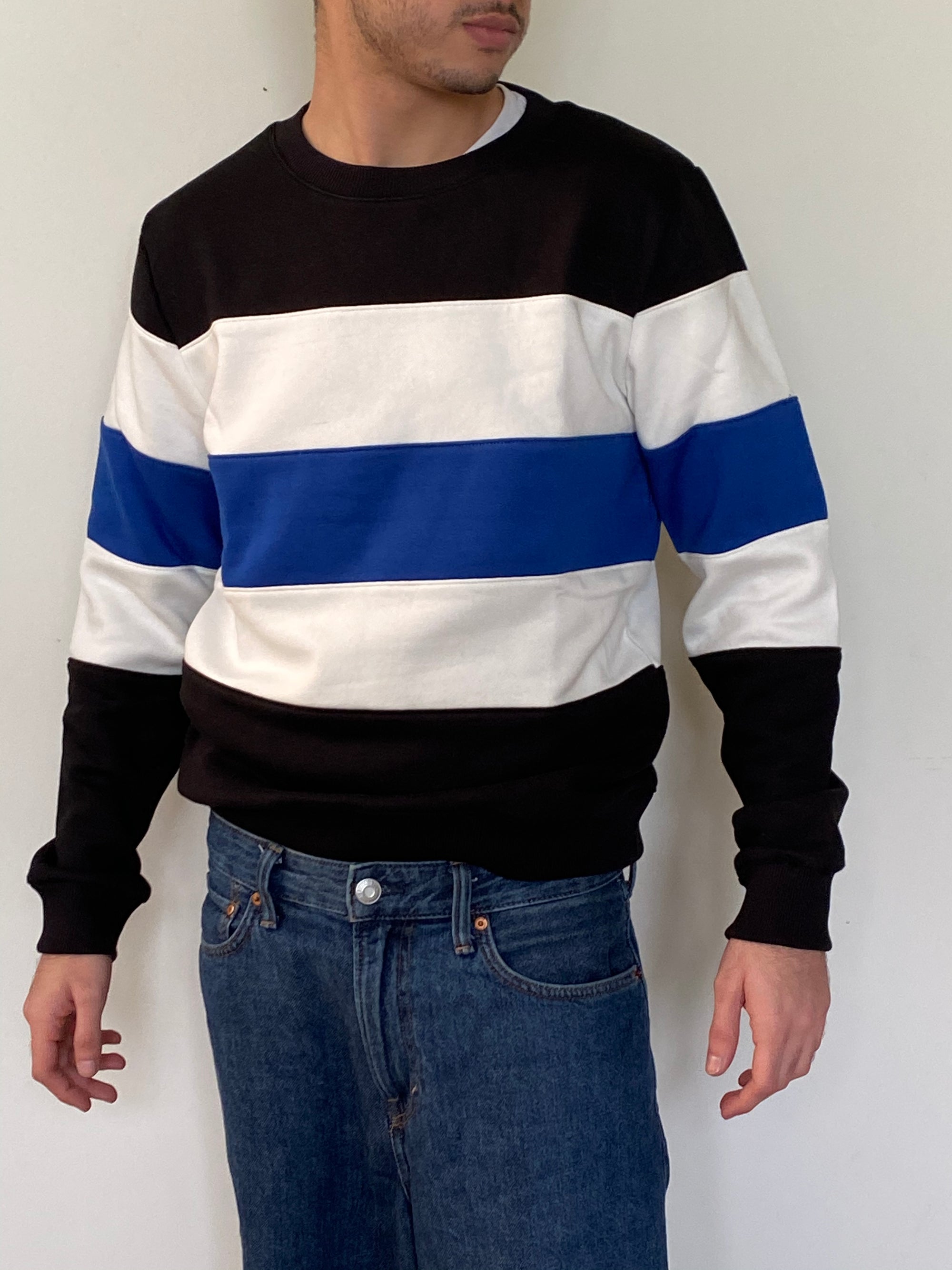 Striped Black, Blue, and White Sweatshirt