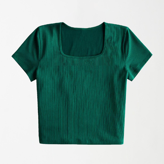 Dark Green Square Neck Ribbed Shirt